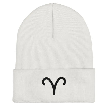 White Aries Zodiac Beanie - Front view of embroidered knit hat.