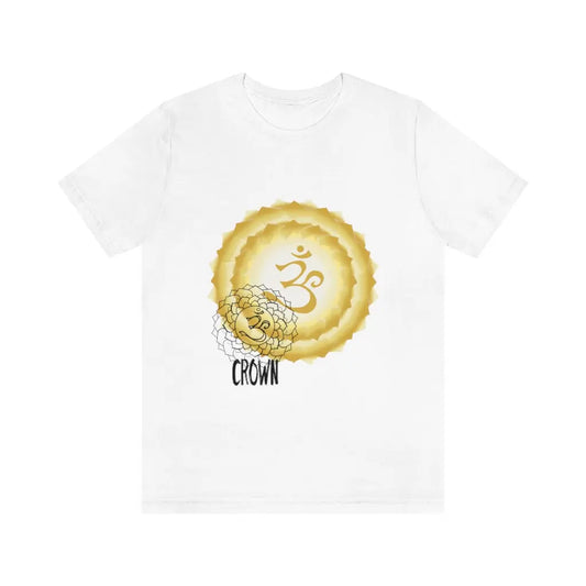 Boundless Crown Chakra Shirt in white on a flat background, showcasing the vibrant Sahasrara symbol.