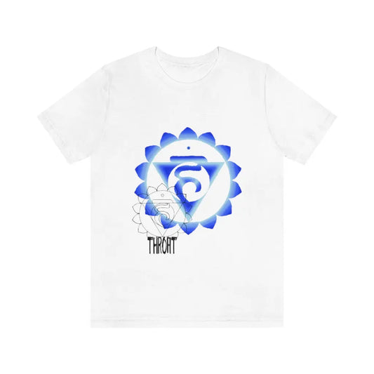 Boundless Throat Chakra Shirt in White on a flat background, showcasing the vibrant Vishuddha symbol.