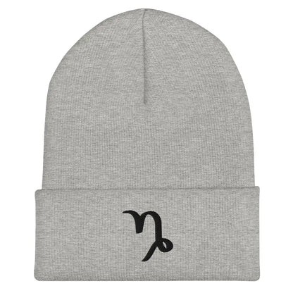 Gray Capricorn Zodiac Beanie - Front view of embroidered knit hat.