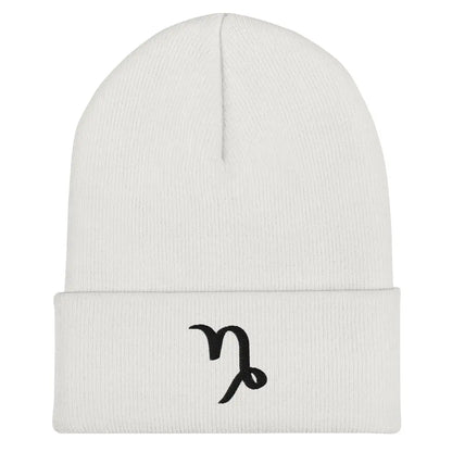 White Capricorn Zodiac Beanie - Front view of embroidered knit hat.