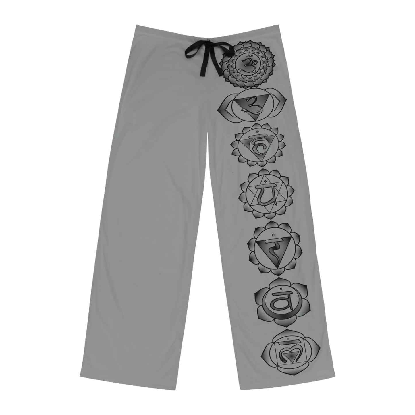 7 Chakra Men's Lounge Pants - Front view showing the seven chakras on the left leg.