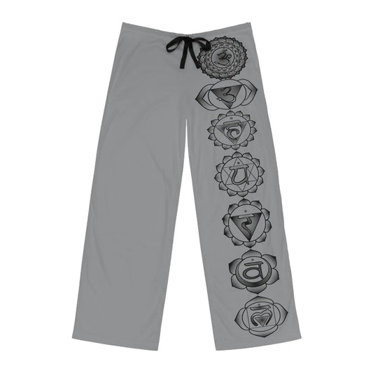 7 Chakra Men's Lounge Pants - Front view showing the seven chakras on the left leg.