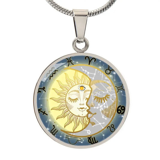 Silver Celestial Zodiac Pendant Necklace on a white background.