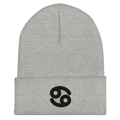Gray Cancer Zodiac Beanie - Front view of embroidered knit hat.