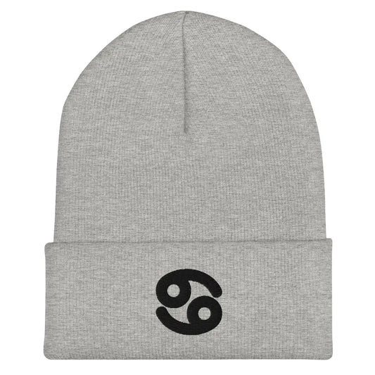 Gray Cancer Zodiac Beanie - Front view of embroidered knit hat.