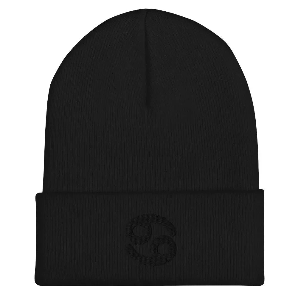 Black Cancer Zodiac Beanie - Front view of embroidered knit hat.