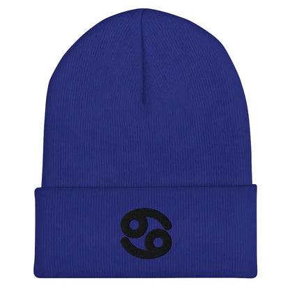 Royal Blue Cancer Zodiac Beanie - Front view of embroidered knit hat.