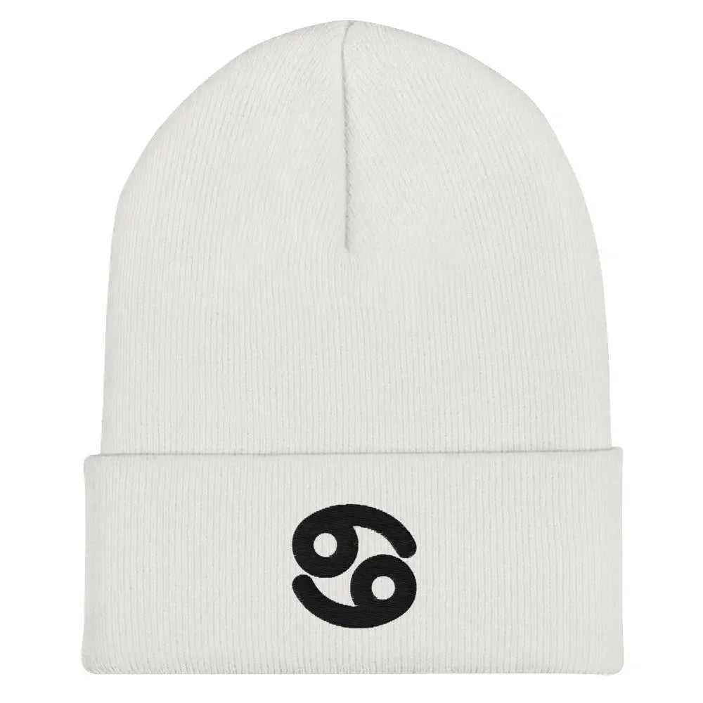 White Cancer Zodiac Beanie - Front view of embroidered knit hat.