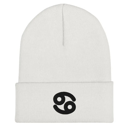 White Cancer Zodiac Beanie - Front view of embroidered knit hat.