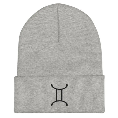 Gray Gemini Zodiac Beanie - Front view of embroidered knit hat.