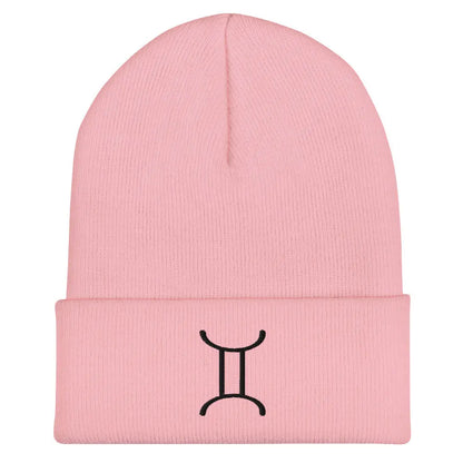 Pink Gemini Zodiac Beanie - Front view of embroidered knit hat.