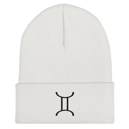 White Gemini Zodiac Beanie - Front view of embroidered knit hat.