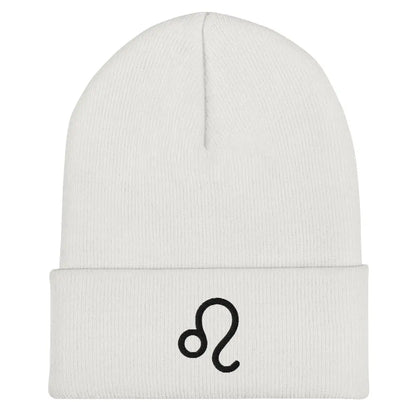 White Leo Zodiac Beanie - Front view of embroidered knit hat.