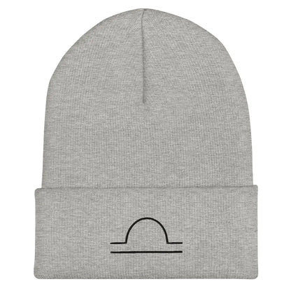 Gray Libra Zodiac Beanie - Front view of embroidered knit hat.