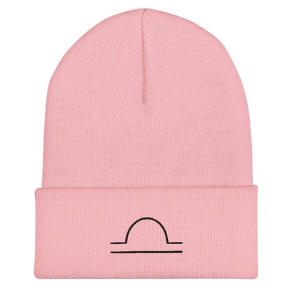 Pink Libra Zodiac Beanie - Front view of embroidered knit hat.