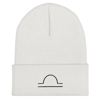 White Libra Zodiac Beanie - Front view of embroidered knit hat.