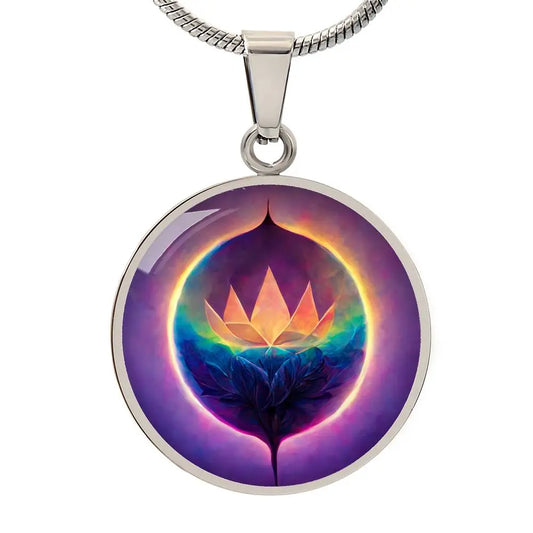 Silver Lotus Flower Pendant Necklace on a white background.