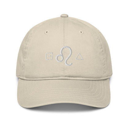Oyster-colored Leo Zodiac Baseball Cap - Front view with Fixed, Lion, and Fire symbols.
