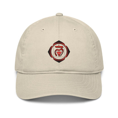 Oyster-colored Root Chakra Baseball Cap - Front view with the Root Chakra symbol.