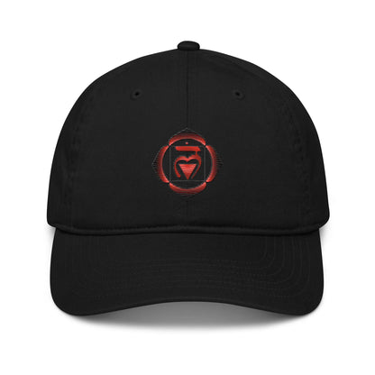 Black Root Chakra Baseball Cap - Front view showing the Root Chakra symbol.