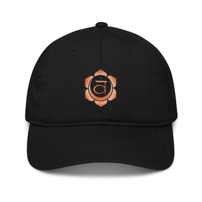 Black Sacral Chakra Baseball Cap - Front view showing the Sacral Chakra symbol.