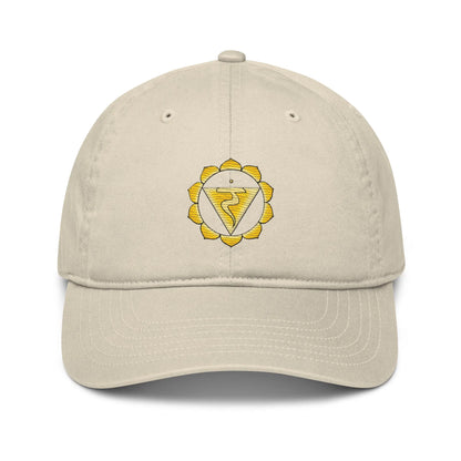 Oyster-colored Solar Plexus Chakra Baseball Cap - Front view with the Solar Plexus Chakra symbol.