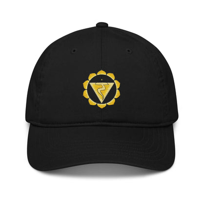 Black Solar Plexus Chakra Baseball Cap - Front view showing the Solar Plexus Chakra symbol.