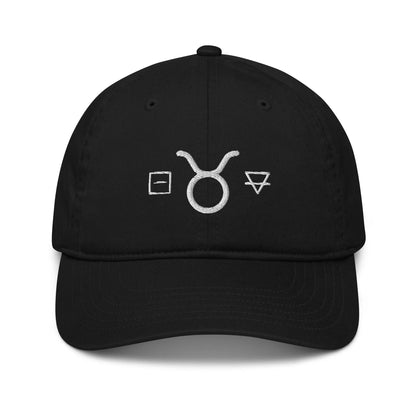 Black Taurus Zodiac Baseball Cap - Front view showing Fixed, Bull, and Earth symbols.