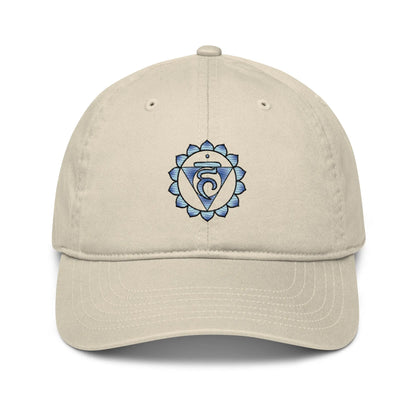 Oyster-colored Throat Chakra Baseball Cap - Front view with the Throat Chakra symbol.