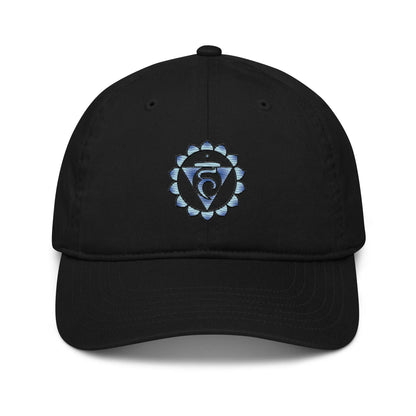 Black Throat Chakra Baseball Cap - Front view showing the Throat Chakra symbol.