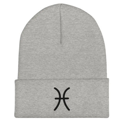 Gray Pisces Zodiac Beanie - Front view of embroidered knit hat.