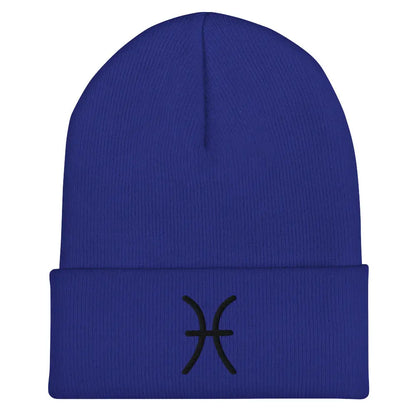 Royal Blue Pisces Zodiac Beanie - Front view of embroidered knit hat.