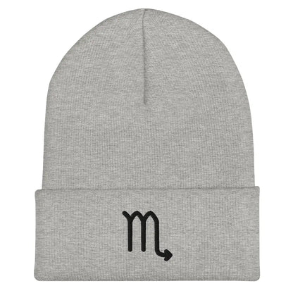 Gray Scorpio Zodiac Beanie - Front view of embroidered knit hat.