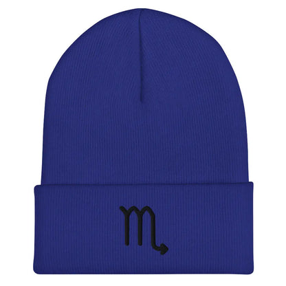 Royal Blue Scorpio Zodiac Beanie - Front view of embroidered knit hat.