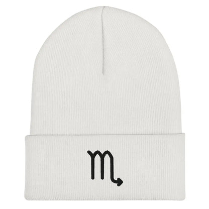 White Scorpio Zodiac Beanie - Front view of embroidered knit hat.