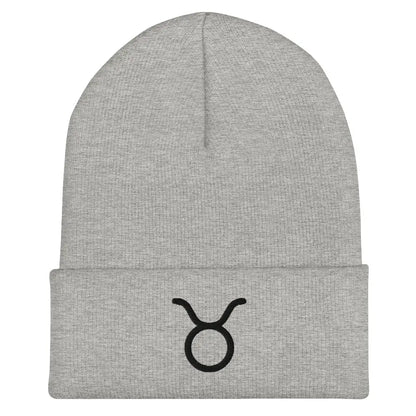 Gray Taurus Zodiac Beanie - Front view of embroidered knit hat.