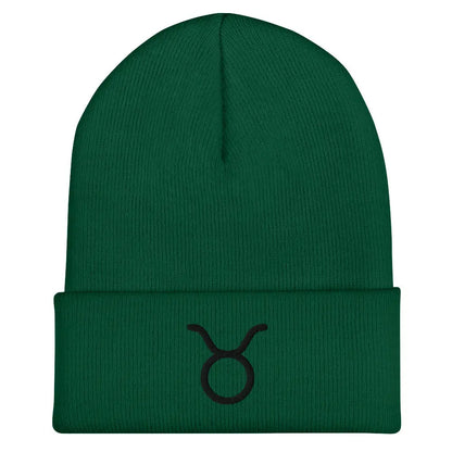 Green Taurus Zodiac Beanie - Front view of embroidered knit hat.