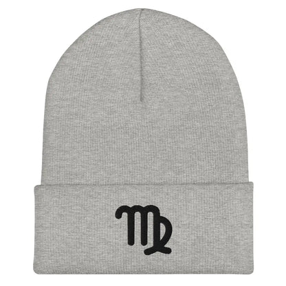 Gray Virgo Zodiac Beanie - Front view of embroidered knit hat.