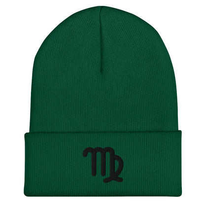 Green Virgo Zodiac Beanie - Front view of embroidered knit hat.
