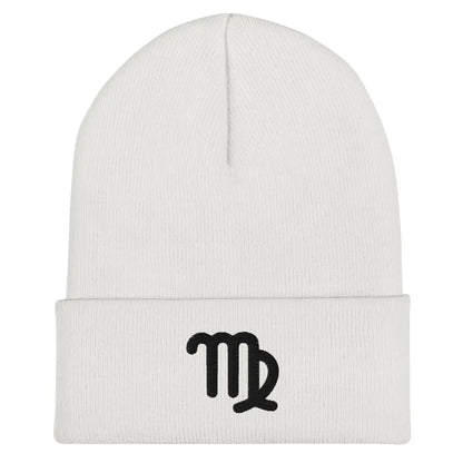 White Virgo Zodiac Beanie - Front view of embroidered knit hat.